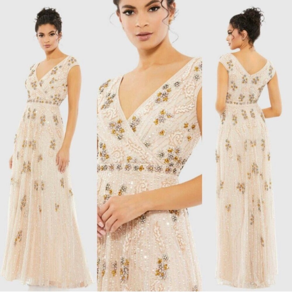 Mac Duggal Embellished Wrap Over Cap Sleeve Gown size 4 Maxi Dress 93575 UB